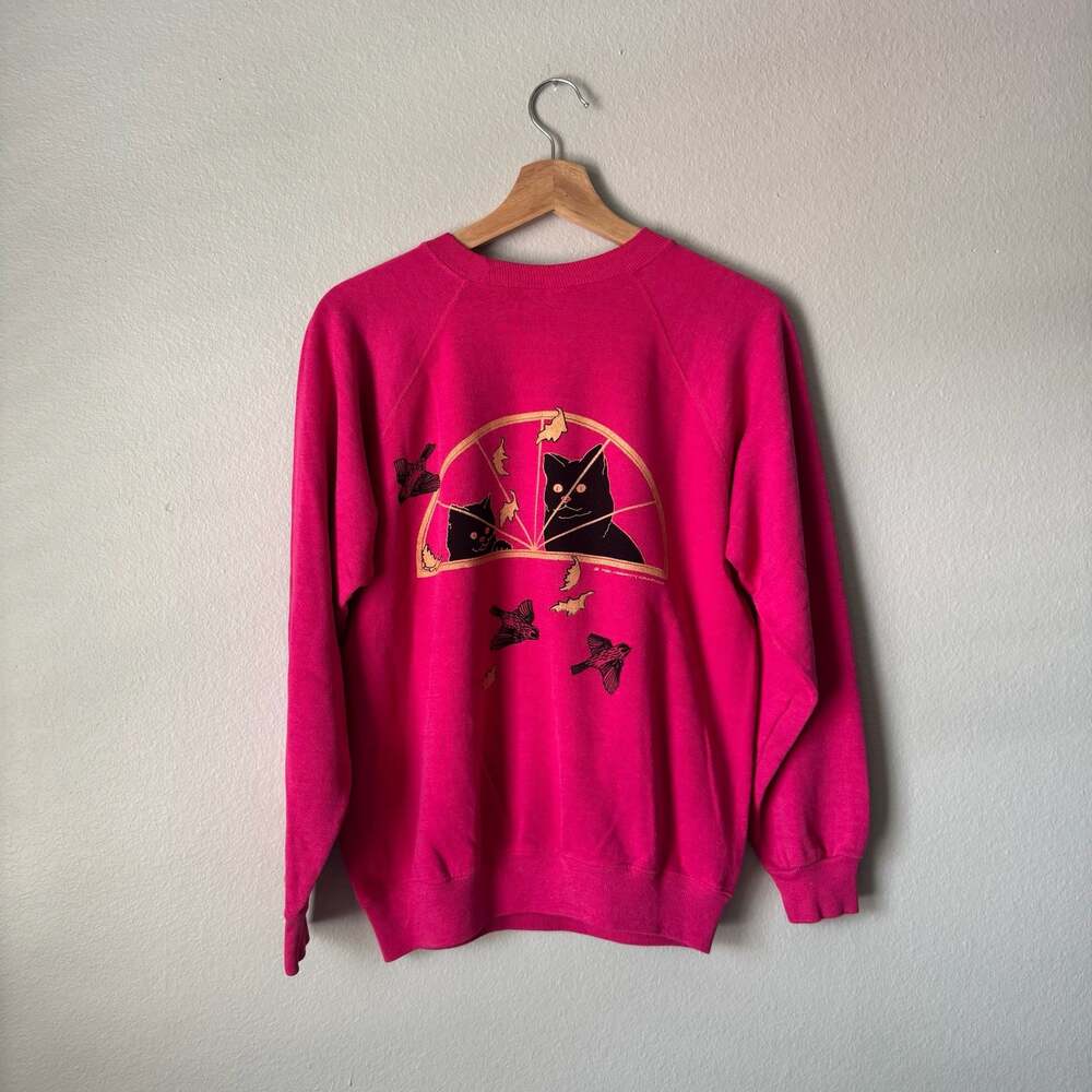 Vintage 1985 Cat Sweatshirt Pink Double Sided Graphic Raglan 80s 50/50